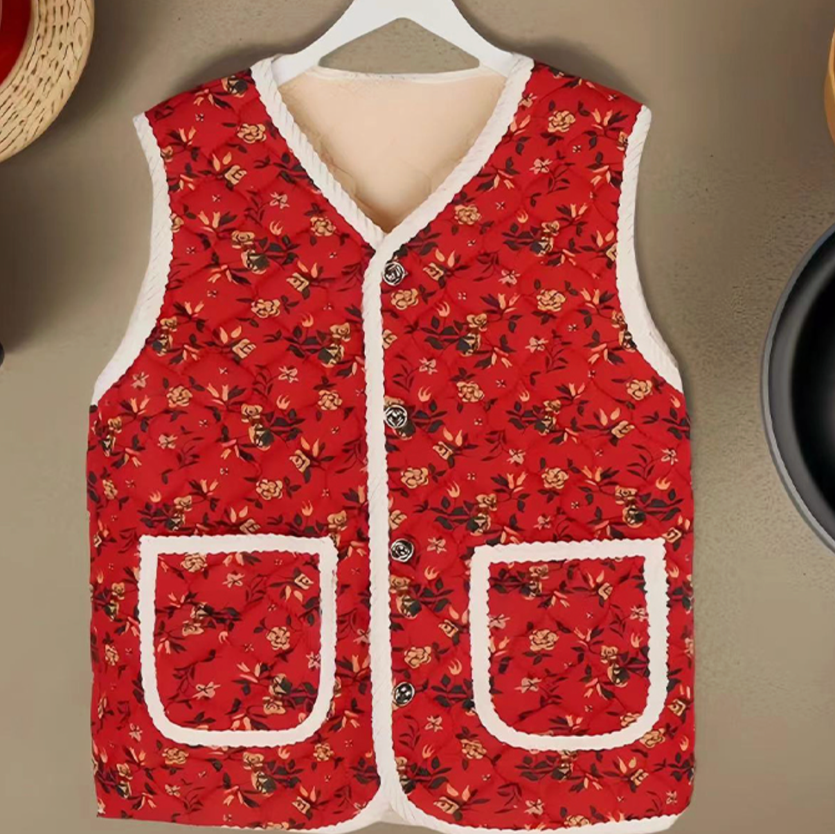 [Kozy House] Retro Korean Kimjang Flower Pattern Sherpa-Lined Vest for Winter