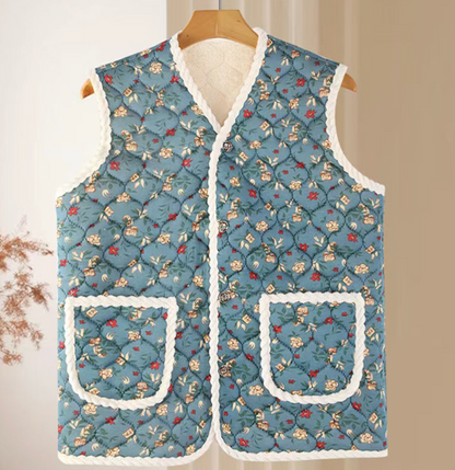 [Kozy House] Retro Korean Kimjang Flower Pattern Sherpa-Lined Vest for Winter