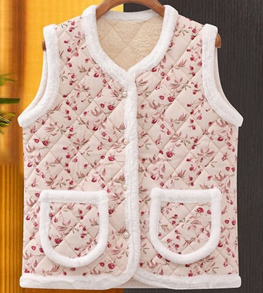 [Kozy House] Retro Korean Kimjang Flower Pattern Sherpa-Lined Vest for Winter
