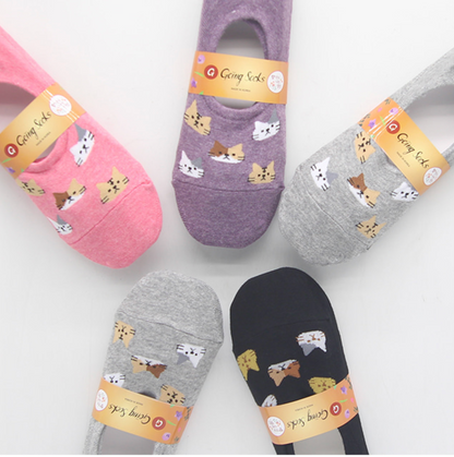 [Kozy House] 5 Pairs Pack Women Pastel Cats Invisible No-Show Socks Fits Size 2-8
