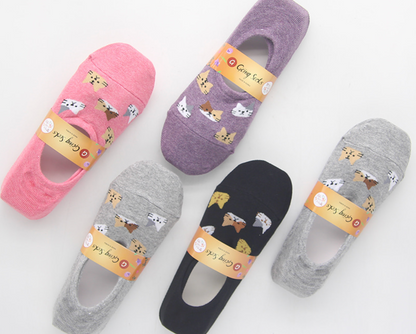 [Kozy House] 5 Pairs Pack Women Pastel Cats Invisible No-Show Socks Fits Size 2-8