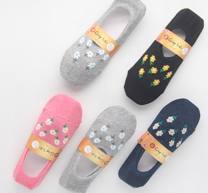 [Kozy House] 5 Pairs Pack Women Pastel Flower Invisible No-Show Socks Fits Size 2-8