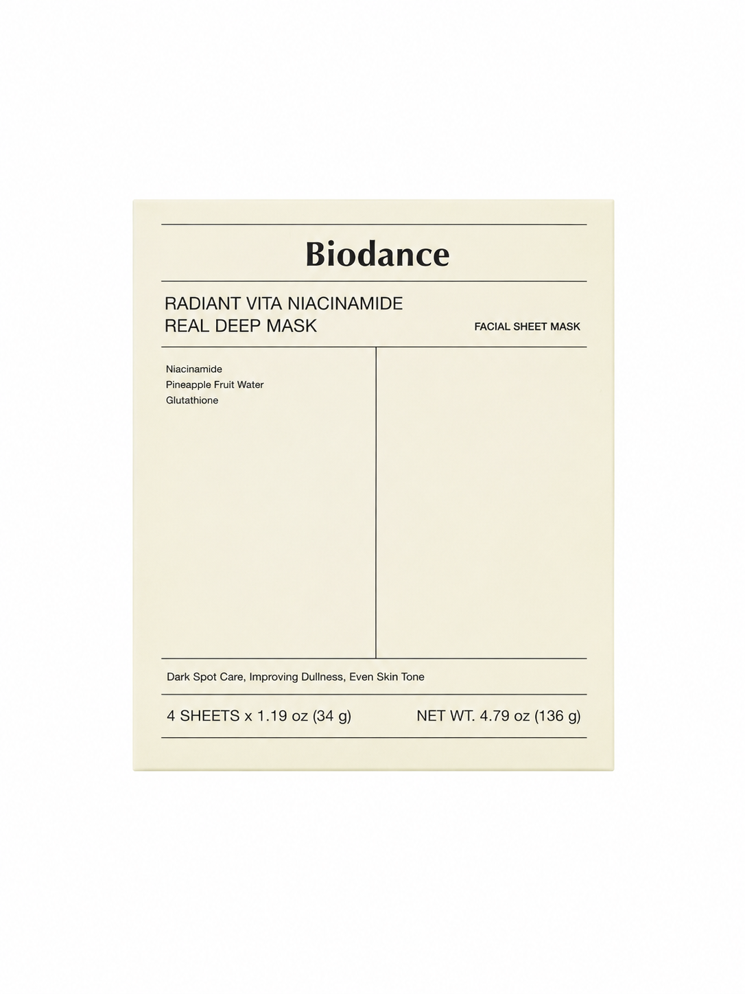 [Biodance] Radiant VITA Niacinamide Real Deep Mask - 4 Sheets x 35g