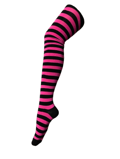 Women Thigh High Socks Hot Pink Striped Fashionable Socks Ladies Girls Size 2-8
