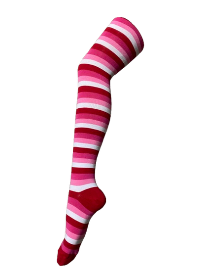 Women Thigh High Socks White Pink Striped Fashionable Socks Ladies Girls Size 2-8