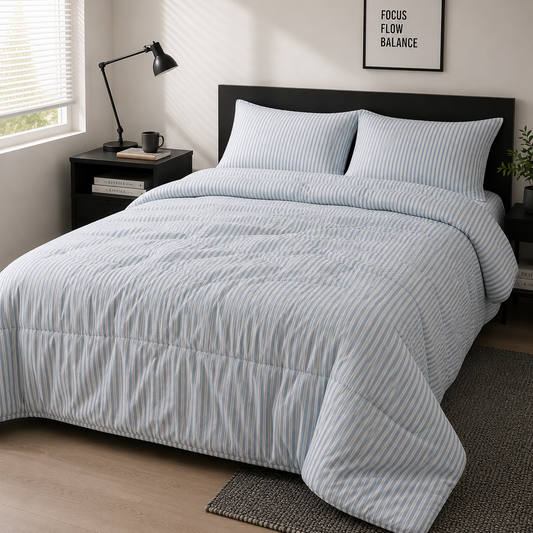 [Kozy House] Korean 60s Bio-Washed Cotton Comforter – Blue Stripe | Queen