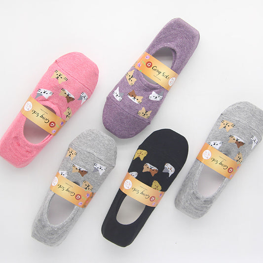 [Kozy House] 5 Pairs Pack Women Pastel Cats Invisible No-Show Socks Fits Size 2-8