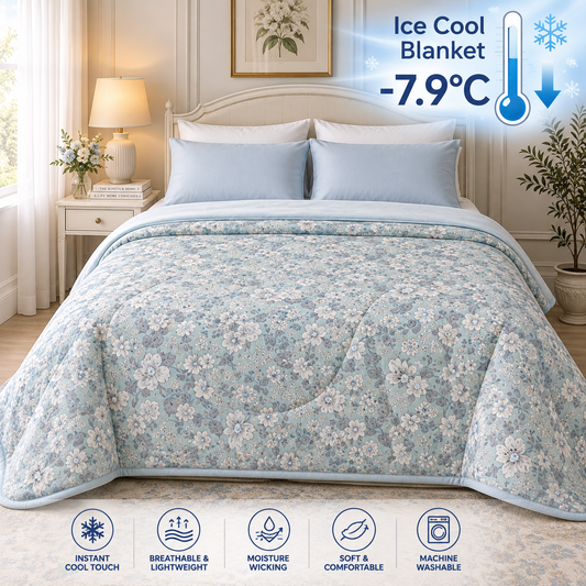 [Kozy House] Korean Ice Cool Summer Blanket -7.9ºC - Mint Floral Pattern Q/K