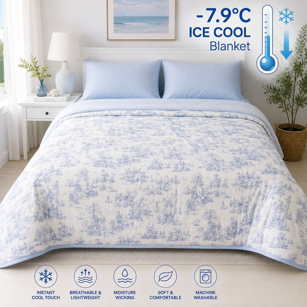 [Kozy House] Toile de Jouy Ice Cool Korean Blanket - Q